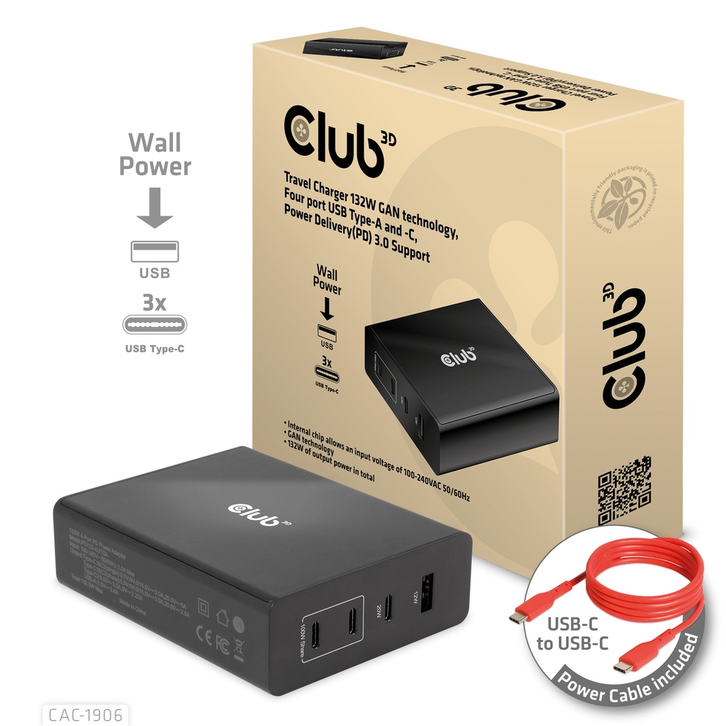 CAC-1906 Travel Charger 132W GaN 4‑Port USB‑A/USB‑C PD 3.0