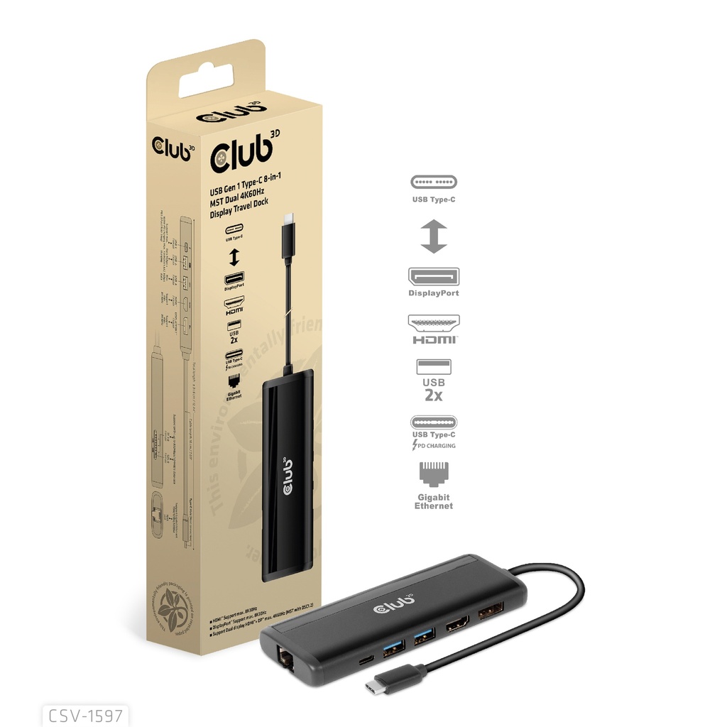 CSV-1597 USB‑C® 5Gbps 8‑in‑1 MST Dual 4K60Hz Travel Dock