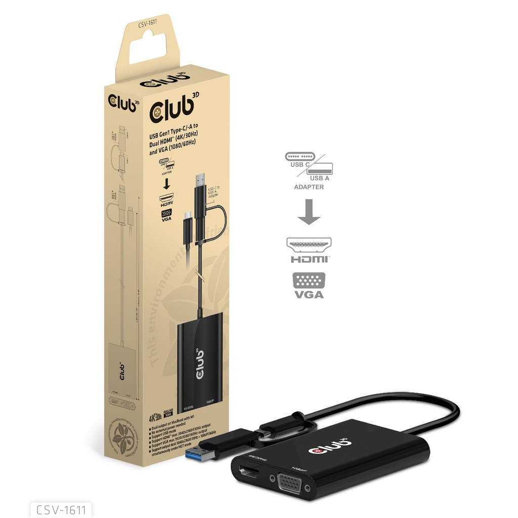 CSV-1611 USB‑C®/USB‑A 5Gbps to Dual HDMI™ 4K30 + VGA 1080p