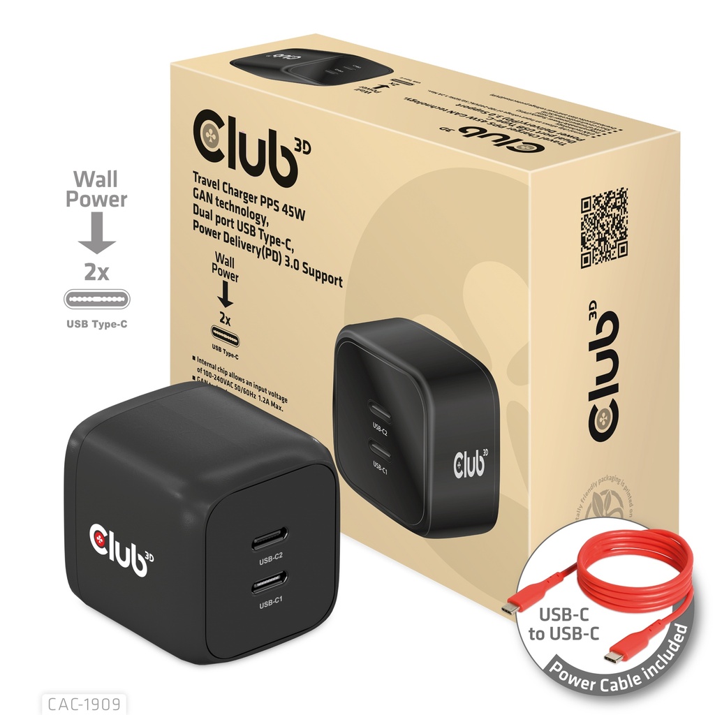CAC-1909EU Travel Charger PPS 45W GaN Dual USB‑C PD 3.0