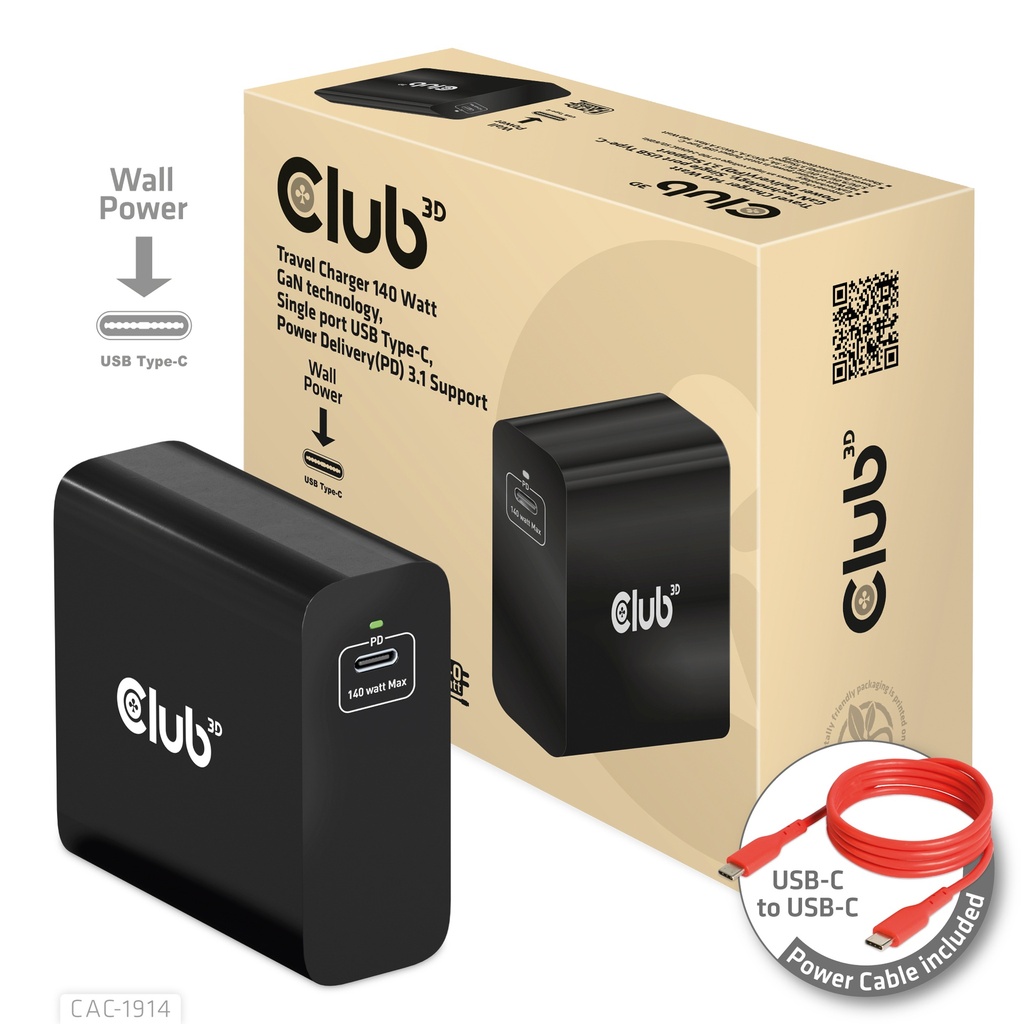 CAC-1914EU Travel Charger 140W GaN Single USB‑C PD 3.1