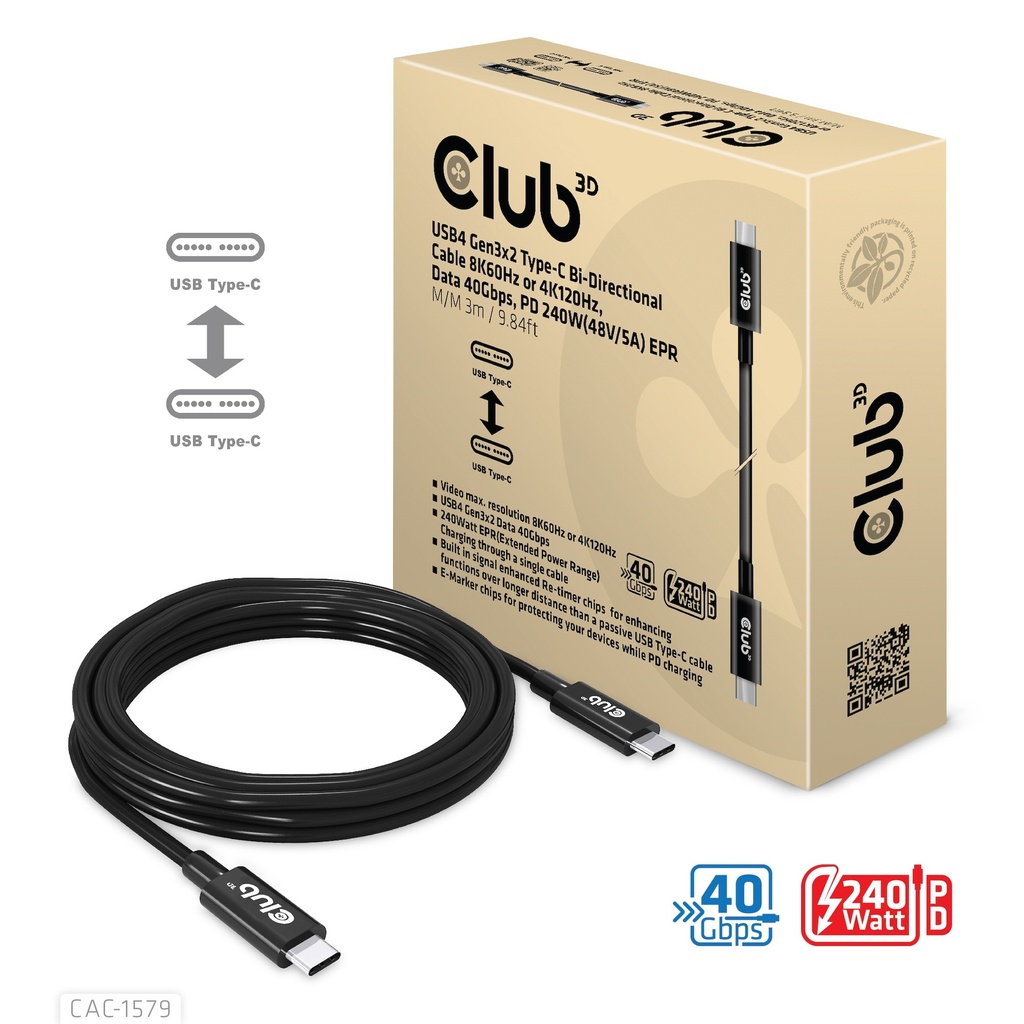CAC-1579 USB‑C® 40Gbps Cable 8K60Hz/4K120Hz PD 240W EPR 3m/9.84ft