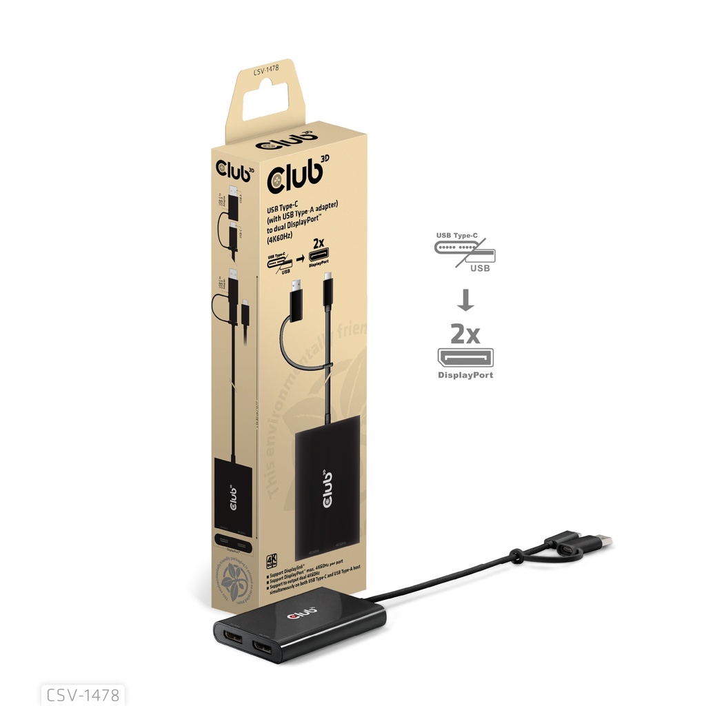 CSV-1478 USB‑C® with USB‑A Adapter to Dual DisplayPort™ 4K60Hz Video Splitter