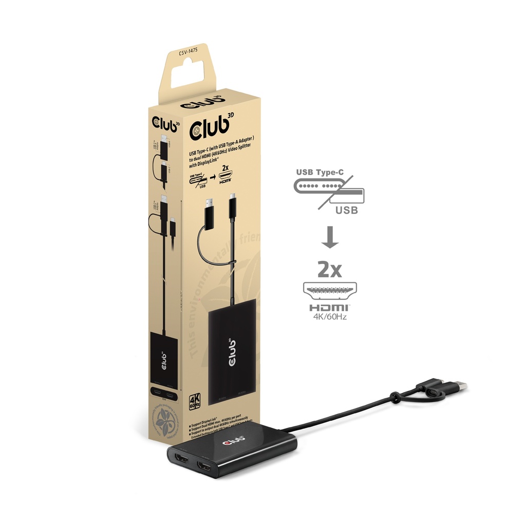 CSV-1475 USB‑C® with USB‑A Adapter to Dual HDMI™ 4K60Hz Video Splitter DisplayLink®