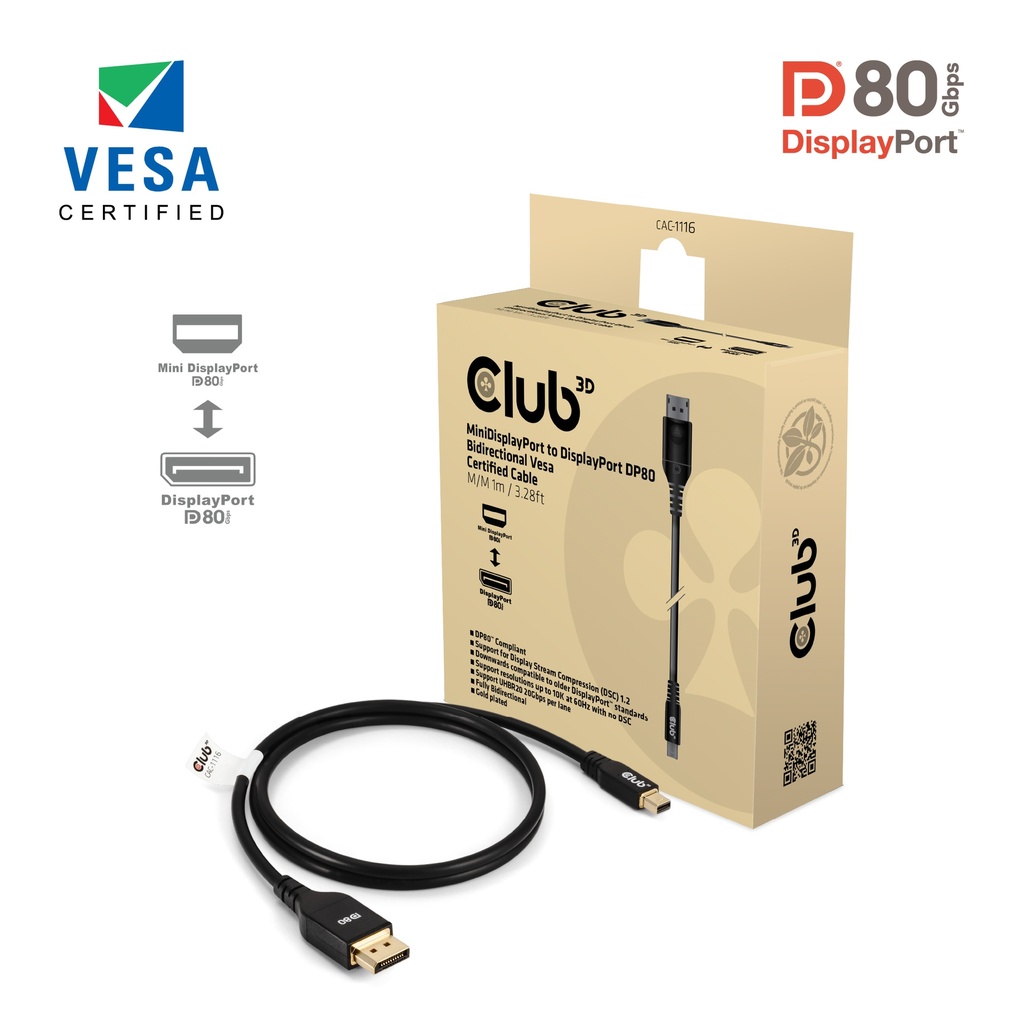  CAC-1116 Mini DisplayPort™ to DisplayPort™ DP80 Bidirectional VESA Certified Cable 1m 