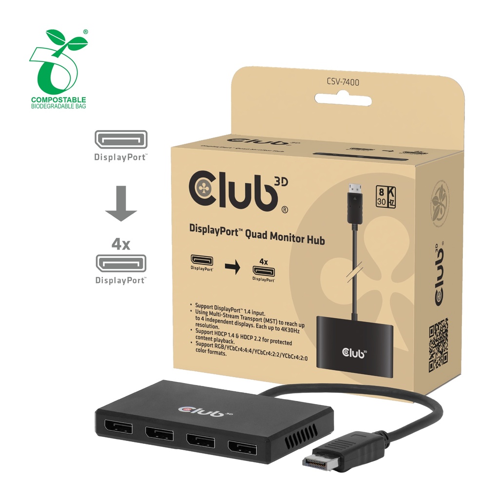 CSV-7400 DisplayPort™ Quad Monitor MST Hub 4×4K30