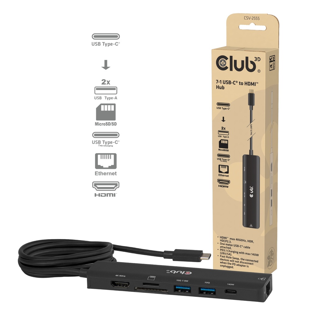 CSV-2555 7‑in‑1 USB‑C® to HDMI™ Hub 4K60Hz PD 3.1 140W 1m/3.28ft