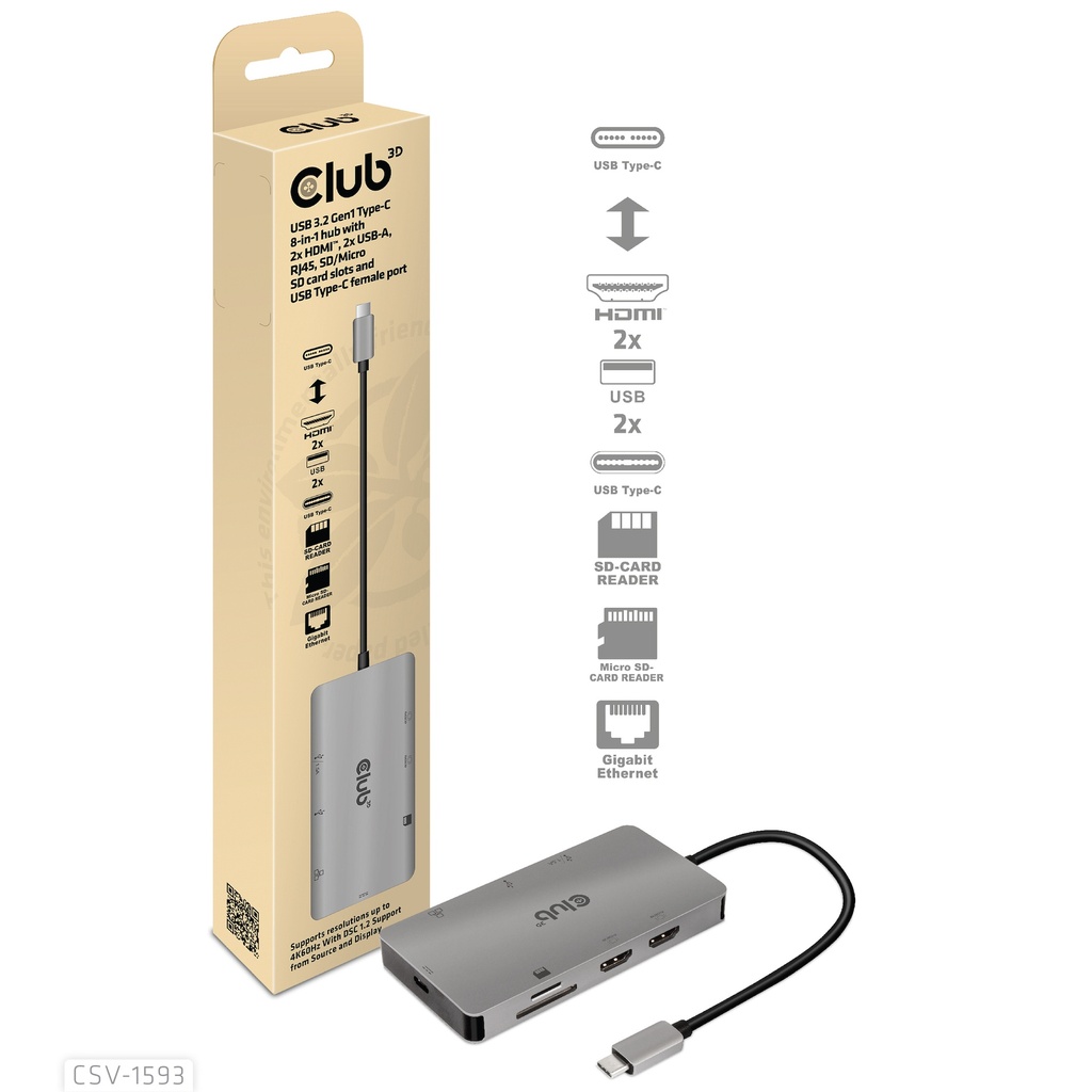 CSV-1593 USB‑C® 5Gbps 8‑in‑1 Hub Dual HDMI™ USB‑A×2 RJ45 SD/MicroSD USB‑C Female